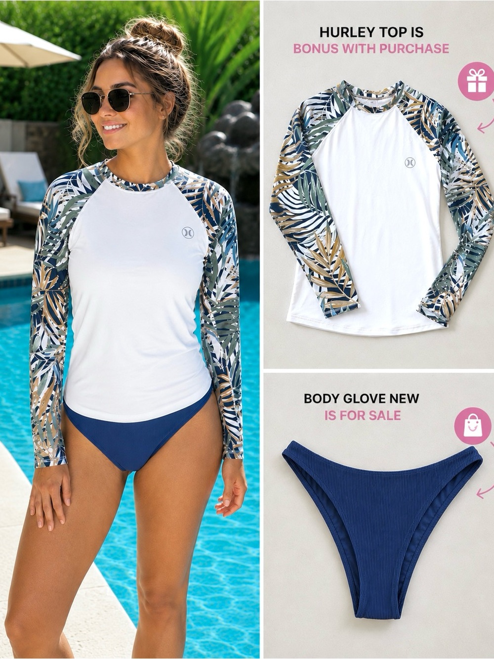 NWT Body Glove Athena Dusk Cheeky Bikini Bottom XL + FREE Hurley Rash Guard